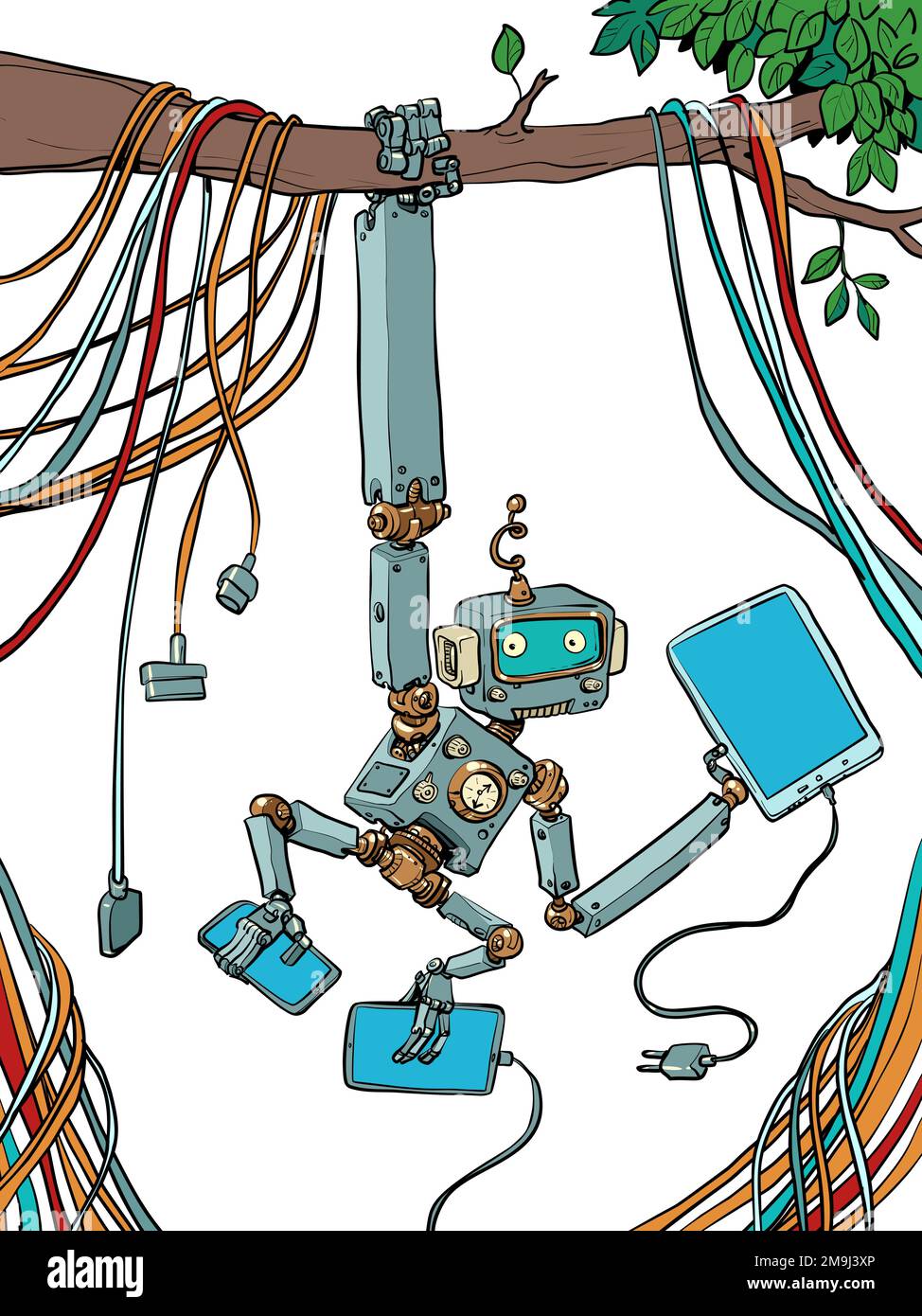 Ein Roboteraffe hängt an einem Ast, während er von einer Menge Technologie umgeben ist. Synthese der technologischen Entwicklung und der Umweltagenda. Stock Vektor Ein Roboteraffe hängt an einem Ast, während er von einer Menge Technologie umgeben ist. Synthese der technologischen Entwicklung und der Umweltagenda. Stock Vektor