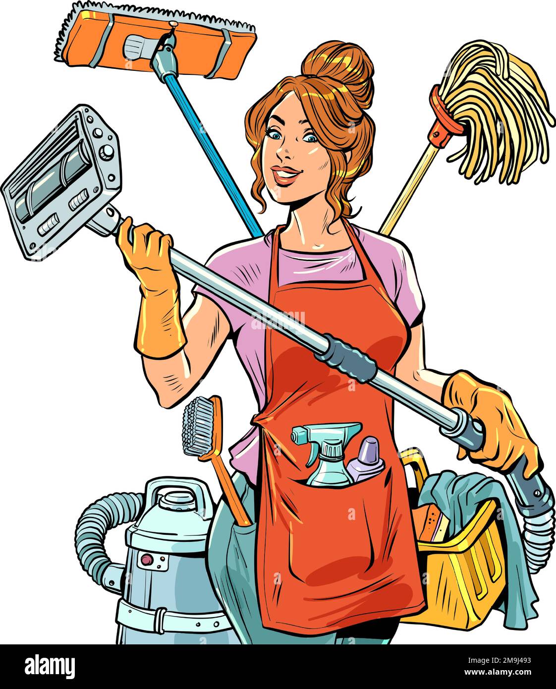 Reinigungsservice Eine wunderschöne Hausfrau organisiert die Reinigung und das Leben in ihrem Haus für die ganze Familie und sich selbst. Multitasking-Hausarbeit für Ehefrauen Stock Vektor