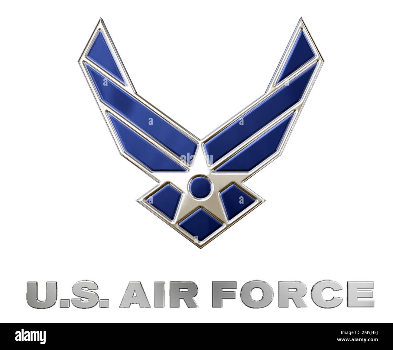 Die USA Das Air Force-Symbol basiert auf den ursprünglichen Hap Arnold-Flügeln und repräsentiert viele verschiedene Aspekte des stolzen Erbes und der Zukunft des Services. Die „Arnold“-Flügel und der Stern mit Kreis bleiben die Kernelemente unseres Air Corps-Erbes erhalten und modernisieren sie, um unsere heutige und künftige Luft- und Raumfahrtmacht widerzuspiegeln. Das Symbol besteht aus zwei Hauptteilen. In der oberen Hälfte repräsentieren die stilisierten Flügel die Streifen unserer Stärke, die Männer und Frauen unserer Streitkräfte. Die große Winkelförmigkeit betont unsere Schnelligkeit und Kraft. Sie sind in sechs Abschnitte unterteilt, die unsere Kernfunktionen aerosp darstellen Stockfoto