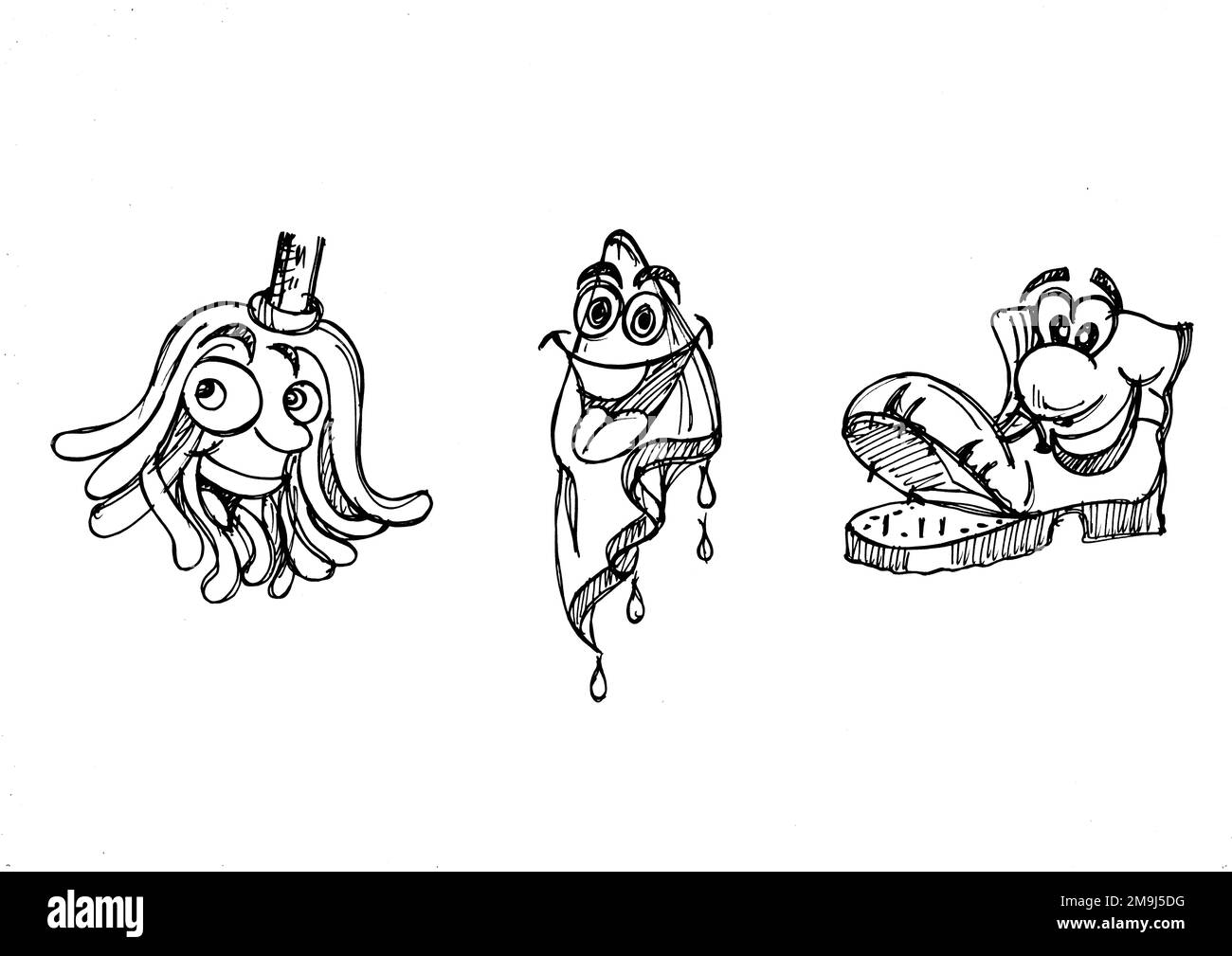 Schwarz-weiße Cartoon-Figuren im Vintage-Stil auf weißem Hintergrund. Stockfoto