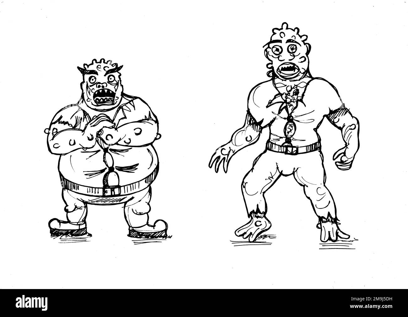 Schwarz-weiße Cartoon-Figuren im Vintage-Stil auf weißem Hintergrund. Stockfoto