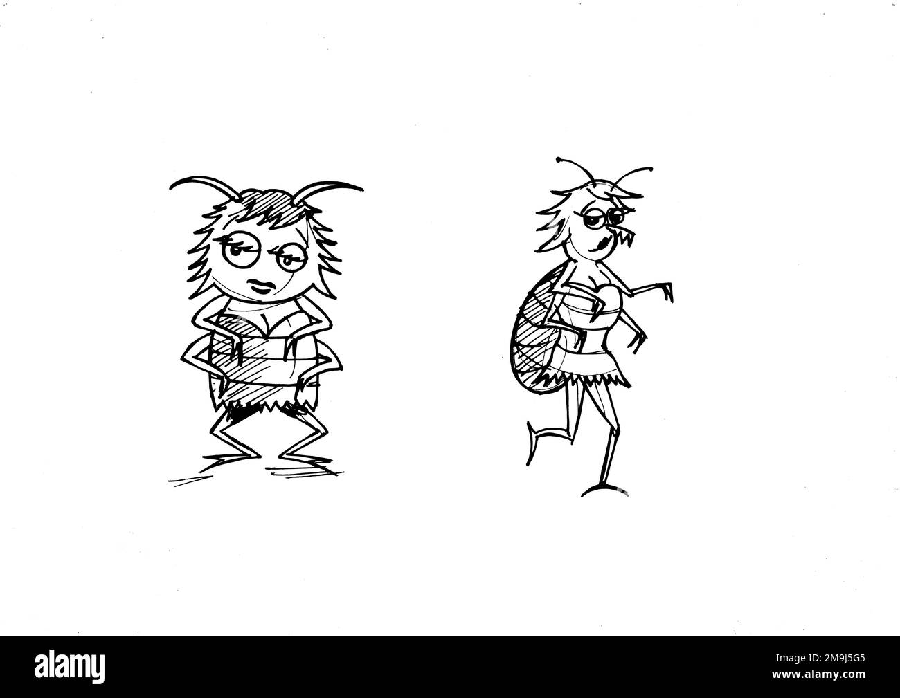 Schwarz-weiße Cartoon-Figuren im Vintage-Stil auf weißem Hintergrund. Stockfoto