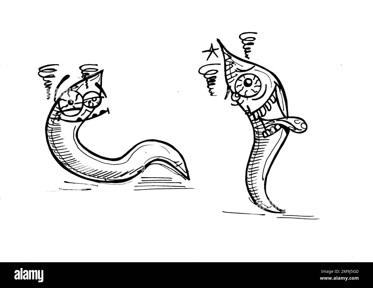 Schwarz-weiße Cartoon-Figuren im Vintage-Stil auf weißem Hintergrund. Stockfoto