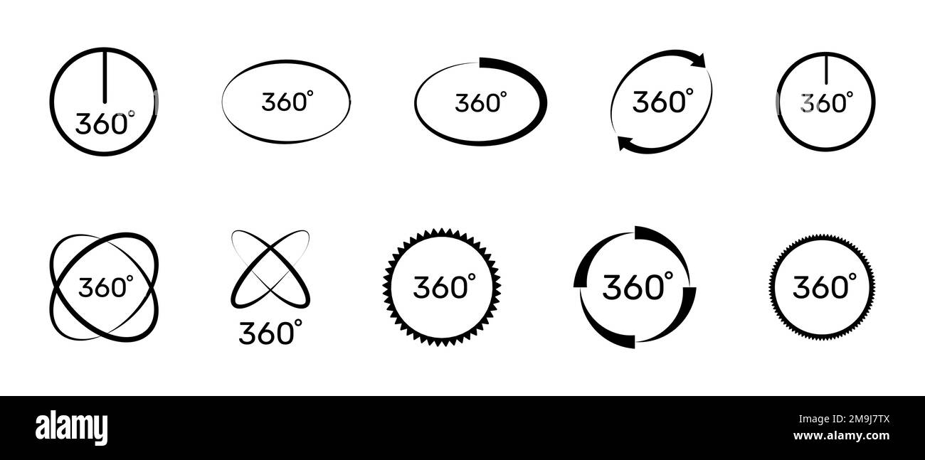 360-Grad-Symbolsatz. Symbol mit Pfeil zur Anzeige der Drehung, der virtuellen Realität oder des Panoramas um 360 Grad. Vektordarstellung Stock Vektor