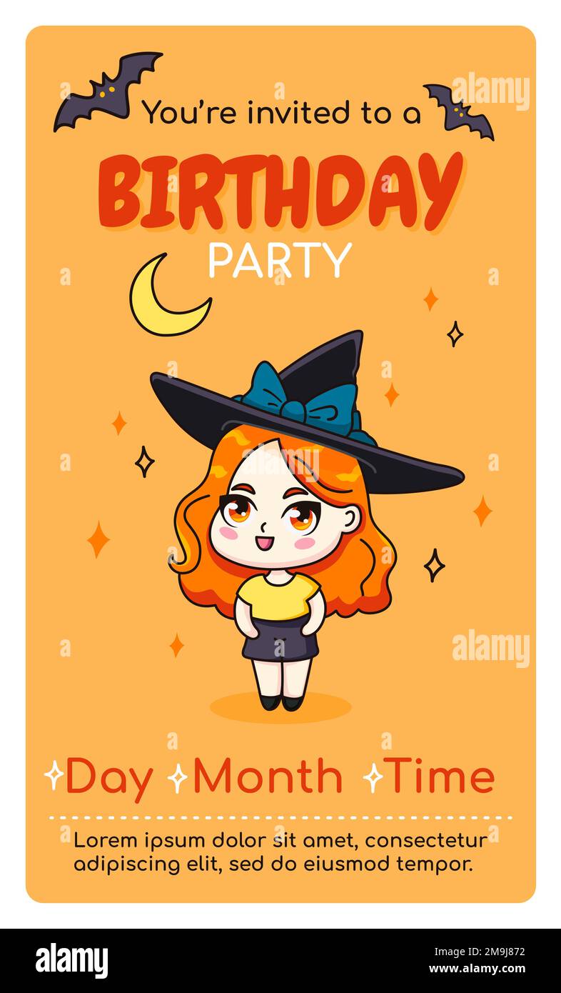 Happy Birthday-Einladungskarte mit Anime-Mädchen. Stock Vektor