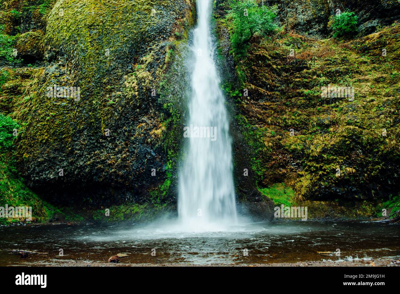 Wasserfall und Felsformation, Multnomah Falls, Columbia River Gorge, Oregon, USA Stockfoto
