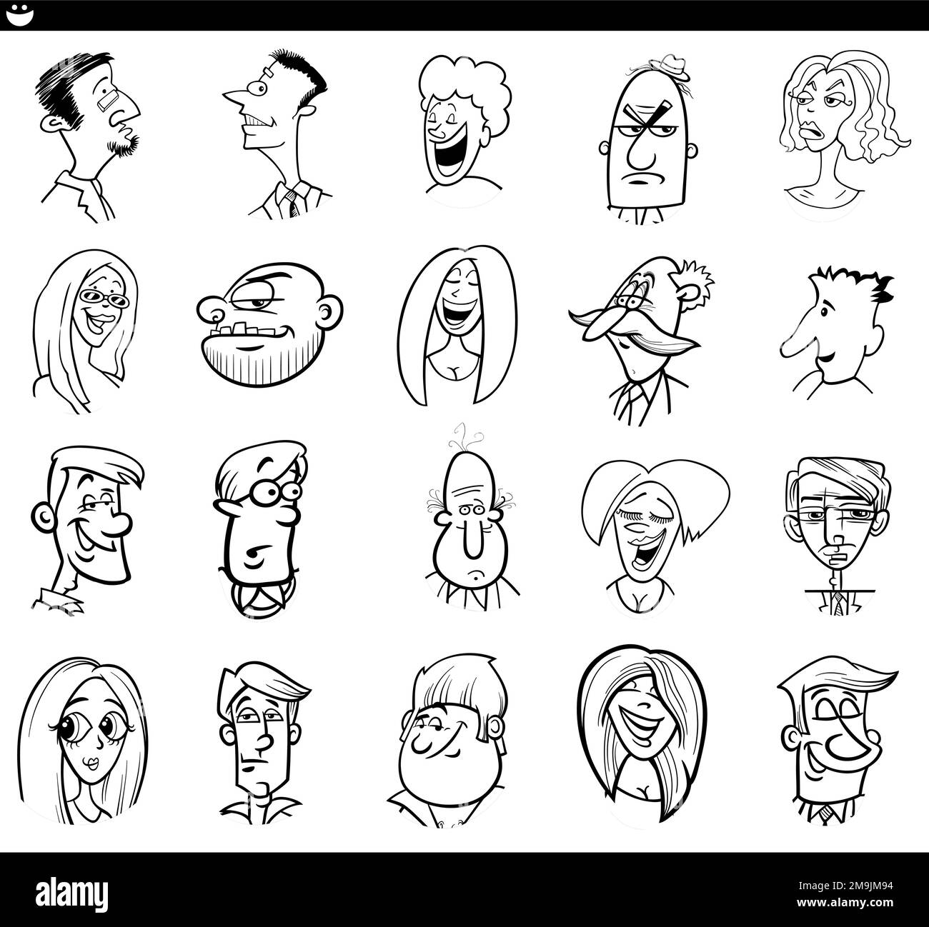 Schwarz-weiß-Cartoon mit lustigen Charakteren, Gesichtern und Emotionen Stock Vektor