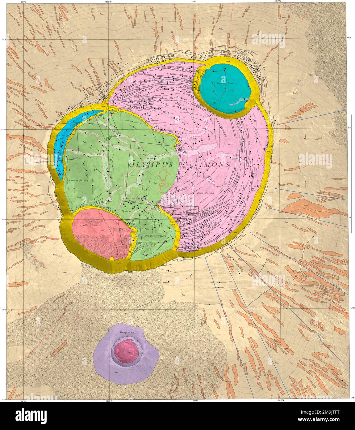 Geologische Karte von Olympus Mons Caldera, Mars auf der Karte sehen Sie Olympus Mons, den höchsten Vulkan im Sonnensystem, der mehr als doppelt so hoch ist wie der Mount Everest. Kartenleser können den Caldera-Komplex dank der Details, die im Maßstab 1:200.000 verfügbar sind, und der Hinzufügung von Konturlinien zur Karte einfacher darstellen. Die Karte deckt eine Region ab, die ungefähr so groß ist wie die Region Dallas-Ft. Die Metropolregion lohnt sich und bietet einen detaillierten Blick auf den Gipfel des Vulkans, den wir noch nie gesehen haben. Diese neue Ansicht der Caldera Complex von Olympus Mons ermöglicht Wissenschaftlern einen einfacheren Vergleich Stockfoto