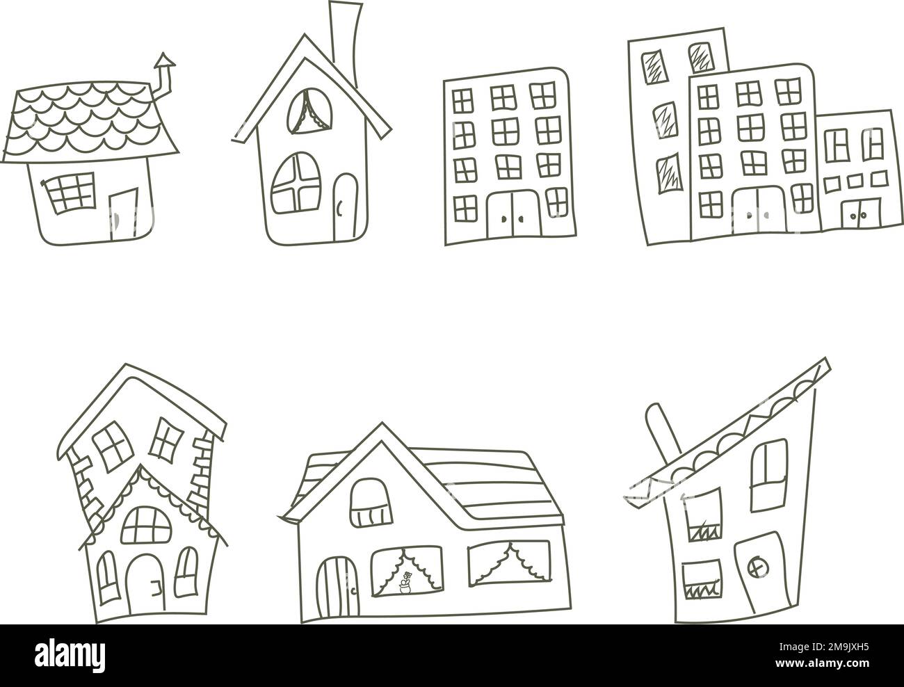 Ein Satz isolierter Landhäuser, die von Hand im Konturstil gezeichnet werden Stock Vektor