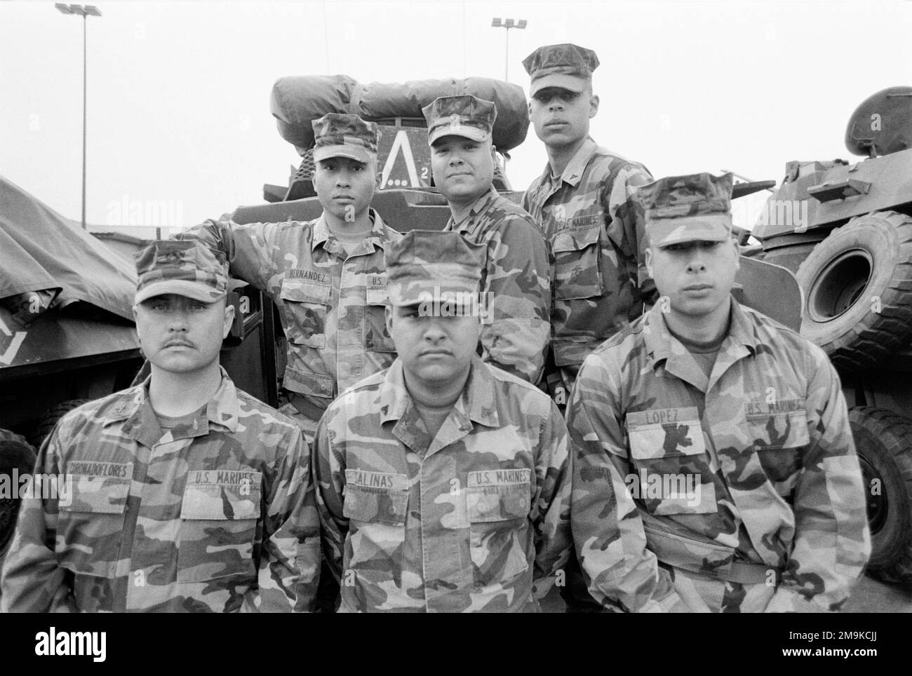 US Marine Corps Reserve (USMCR) Marines zugeteilt an A/Company, 4. Light Pmored Reconnaissance Battalion (LAR), posieren für ein Gruppenfoto vor ihren Light Pmored Vehicles (LAV-25) in Camp Pendleton, Kalifornien, in Vorbereitung auf die Mobilisierung zur Unterstützung der Operation DAUERHAFTE FREIHEIT. Basis: Marine Corps Basislager Pendleton Bundesstaat: Kalifornien (CA) Land: Vereinigte Staaten von Amerika (USA) Stockfoto