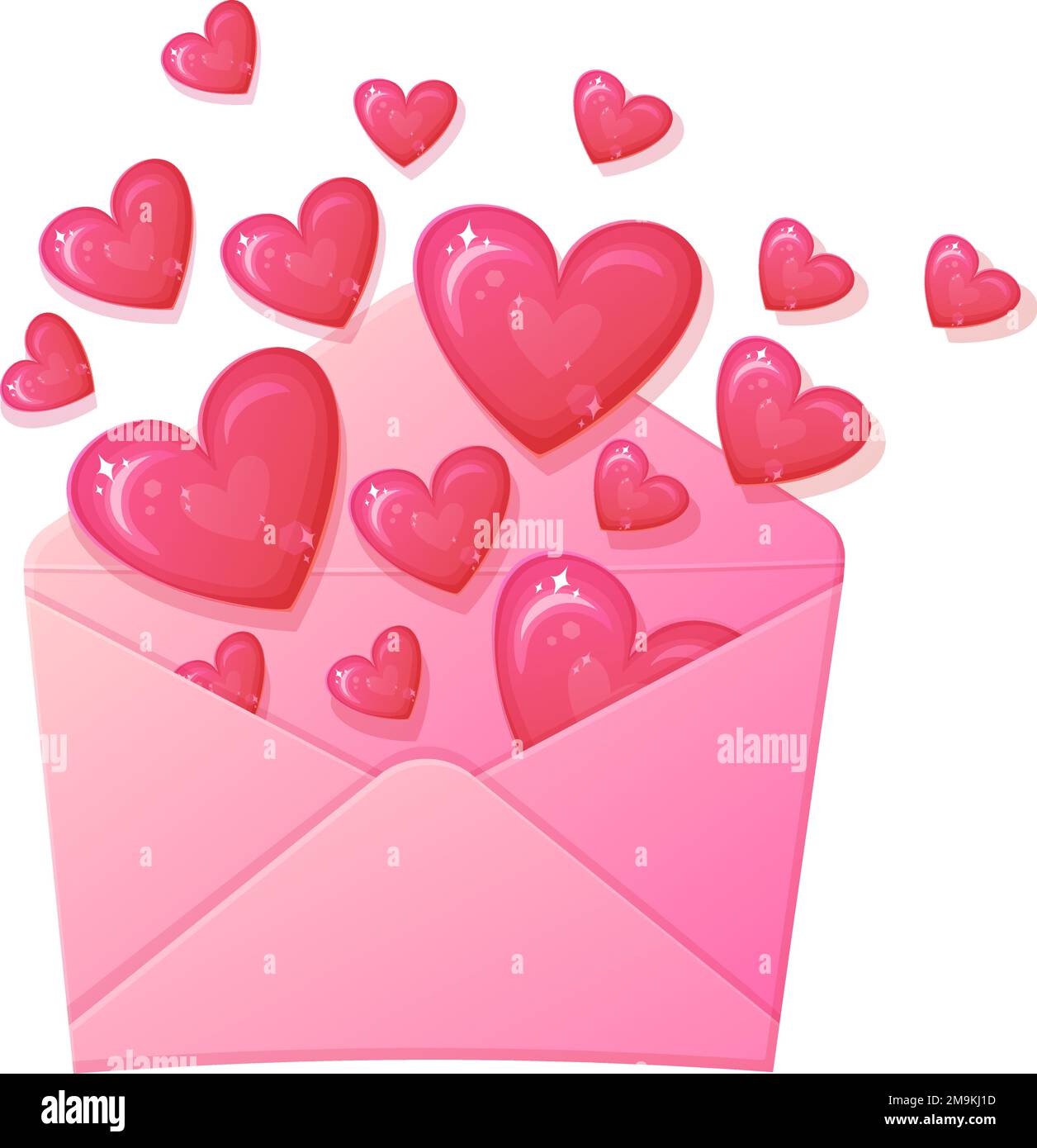 Liebesbrief. Offener Umschlag mit vielen Herzen. Vanentinstag, romantisches Beichtkonzept. Stock Vektor
