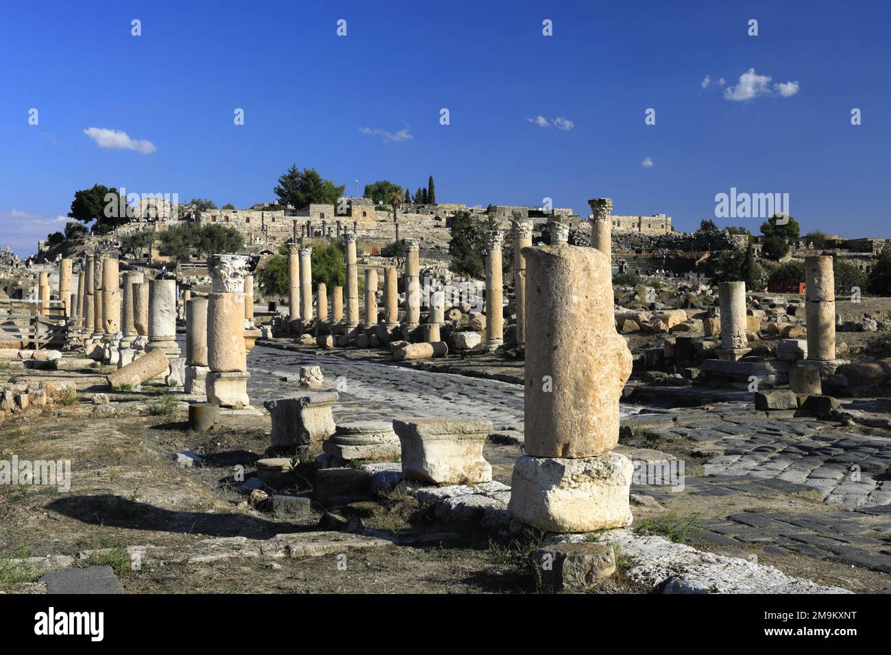 Blick über die Ruinen der Decumanus Maximus Straße, Umm Qais Stadt, Jordanien, Naher Osten Stockfoto