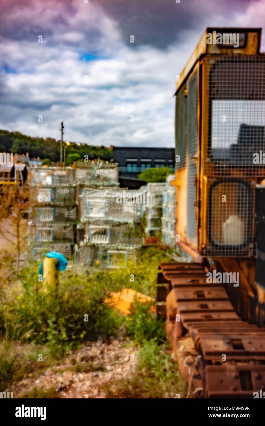 Neu, altersbeständig, digitales Zeitalter, ohne Objektiv, herausragend, Hochauflösendes, noch lebendes Nadelloch-Bild von Hastings Seafront, Bezirk in East Sussex, England Stockfoto