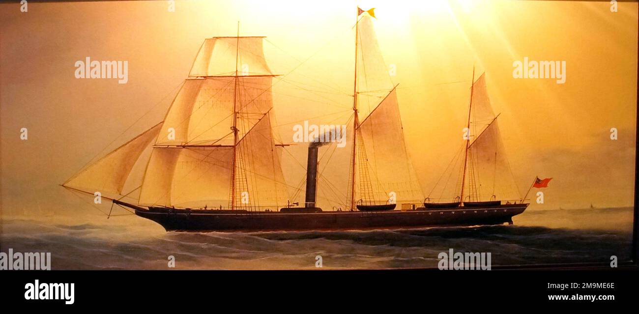 Ein Gemälde eines dampfunterstützten Segelschiffs in Puerta Vallarta, Mexiko Stockfoto