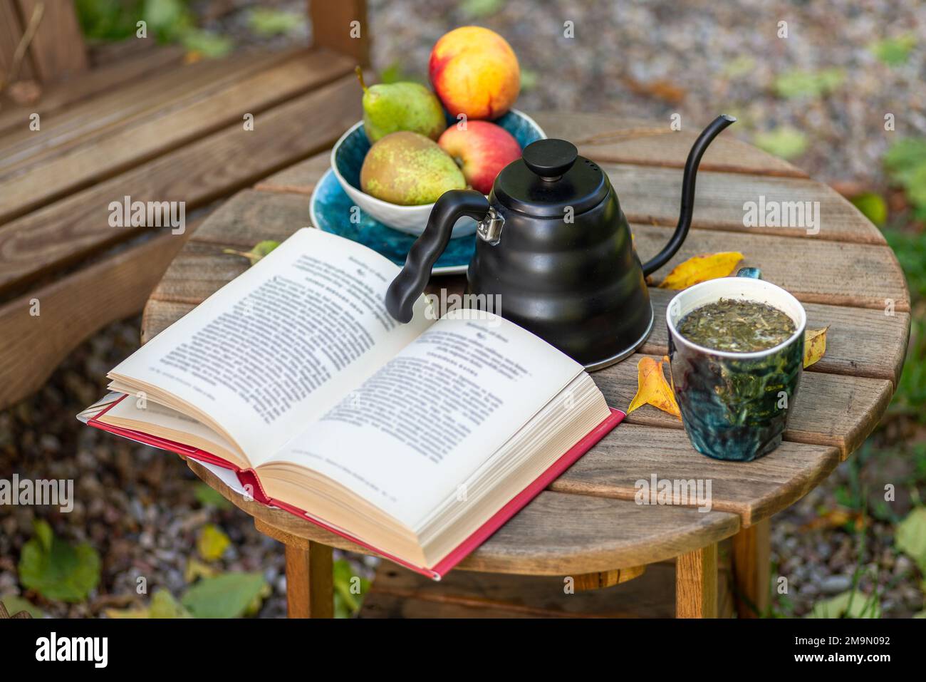 Ein offenes Buch, ein Wasserkocher mit einer Tasse Tee, ein Teller mit Äpfeln und Birnen, auf einem Holztisch mit komfortablem Sessel daneben, im Herbst im Freien. Stockfoto