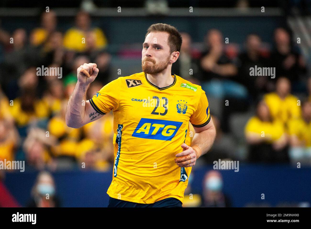 Göteborg, Schweden. 18. Januar 2023 Albin Lagergren aus Schweden feiert am 18. Januar 2023 in Göteborg das IHF-Weltmeisterschaftsspiel für Handballspieler 2023 zwischen Schweden und Ungarn. Kredit: Oskar Olteus / Alamy Live News Stockfoto