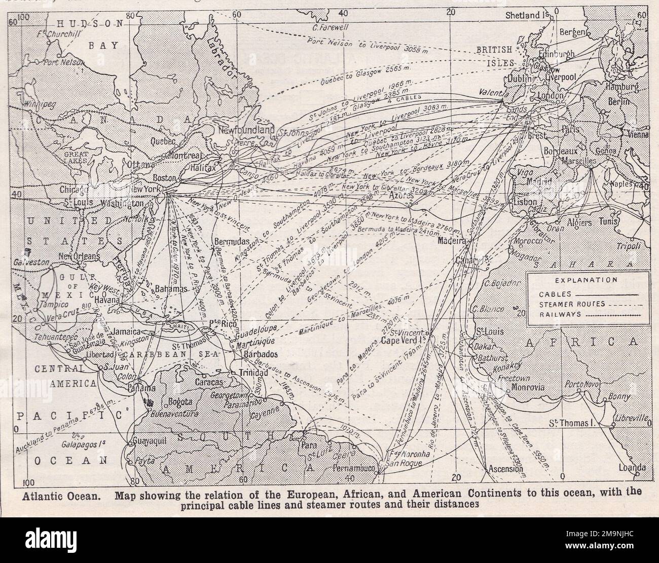 Klassische Karte des Atlantischen Ozeans, die die Beziehungen des europäischen, afrikanischen und amerikanischen Kontinents mit Kabellinien und Dampferrouten zeigt. Stockfoto