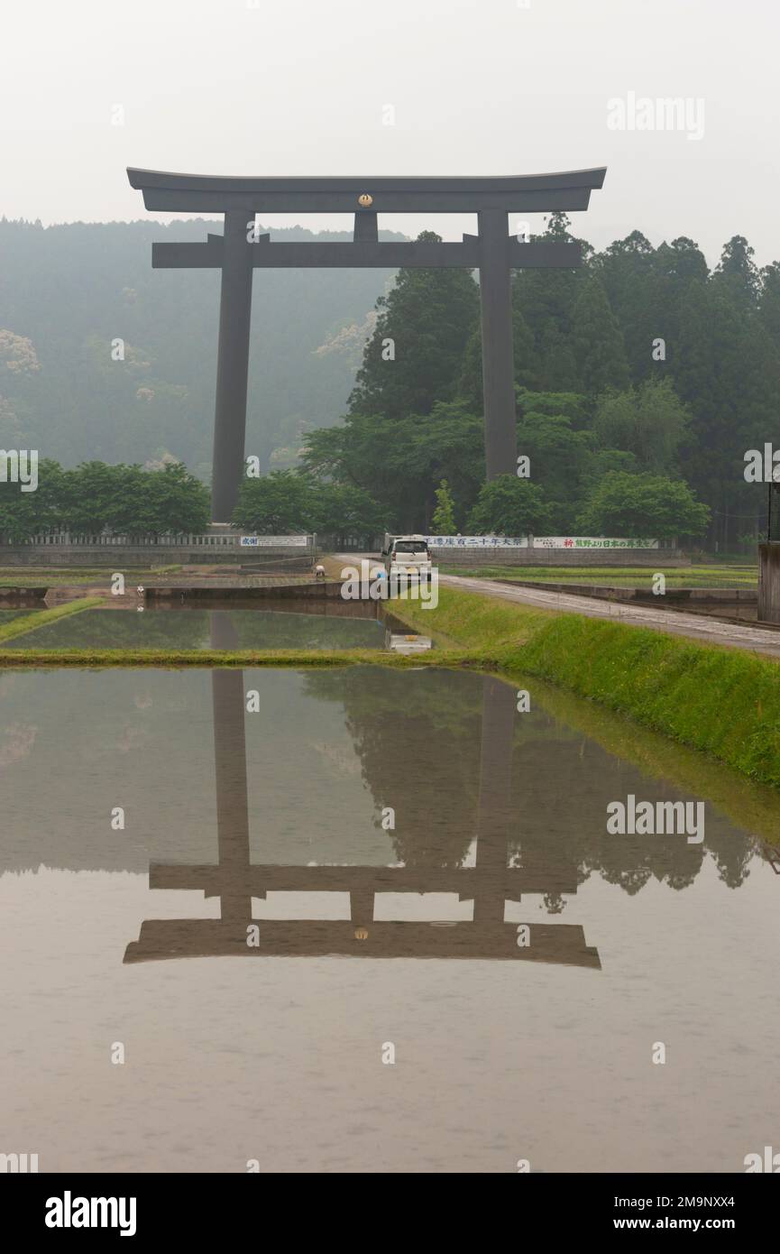 Das riesige Torii-Tor in Kumano Hongu Taisha spiegelt sich im Frühling in überfluteten Reisfeldern wider. Stockfoto