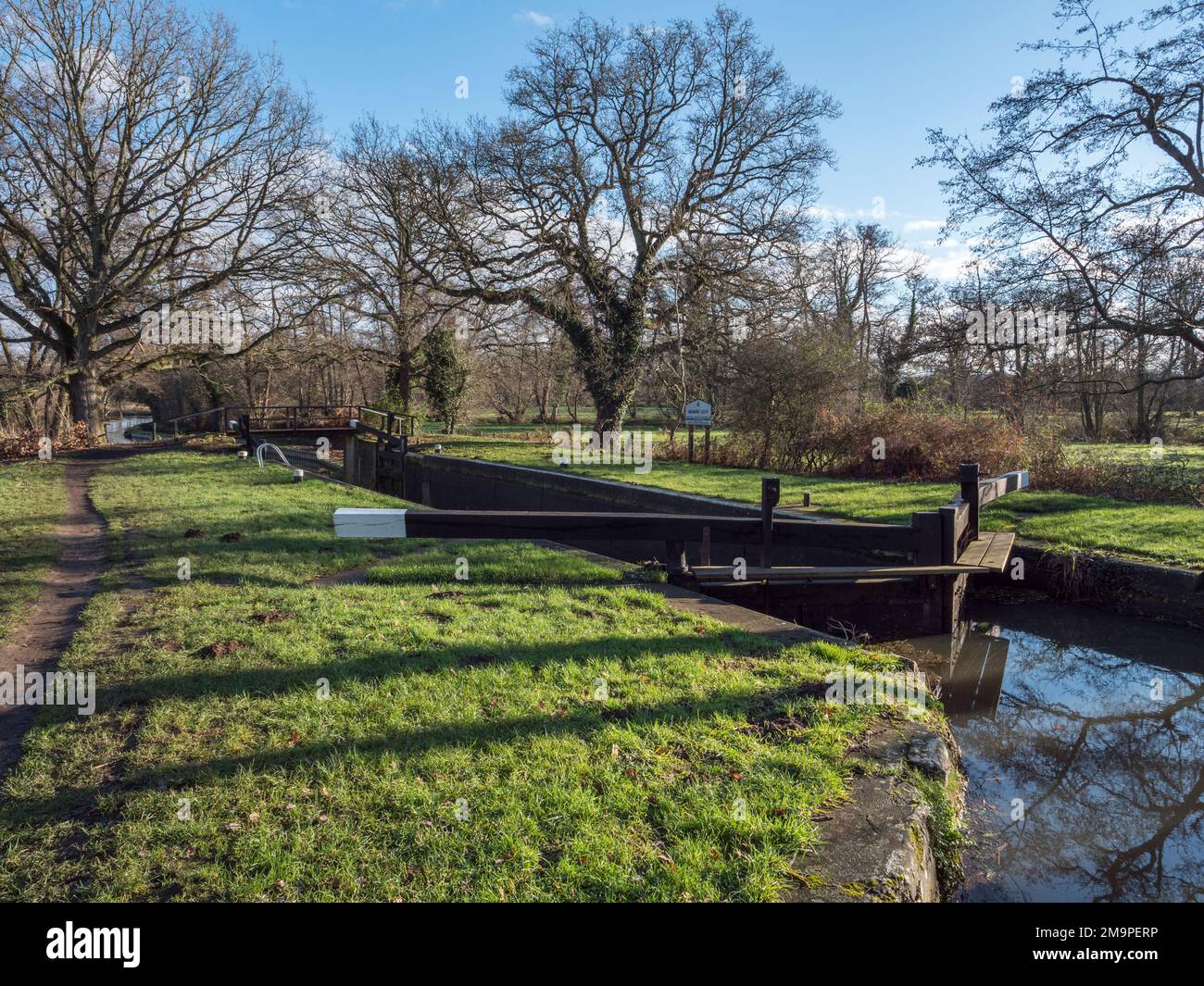 Newark Lock on the River Wye in Ripley, Woking, Surrey, Großbritannien. Stockfoto