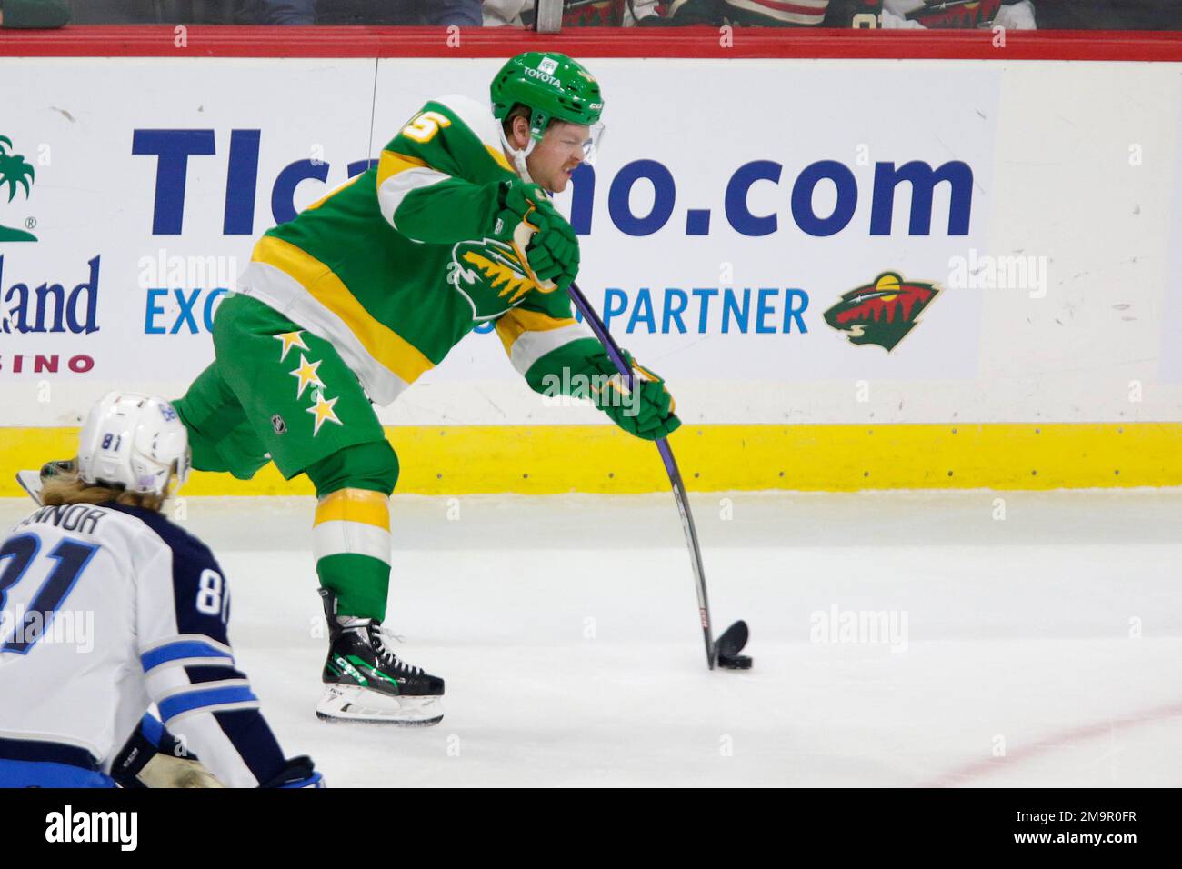 Minnesota Wild center Mason Shaw shoots for a goal during the first