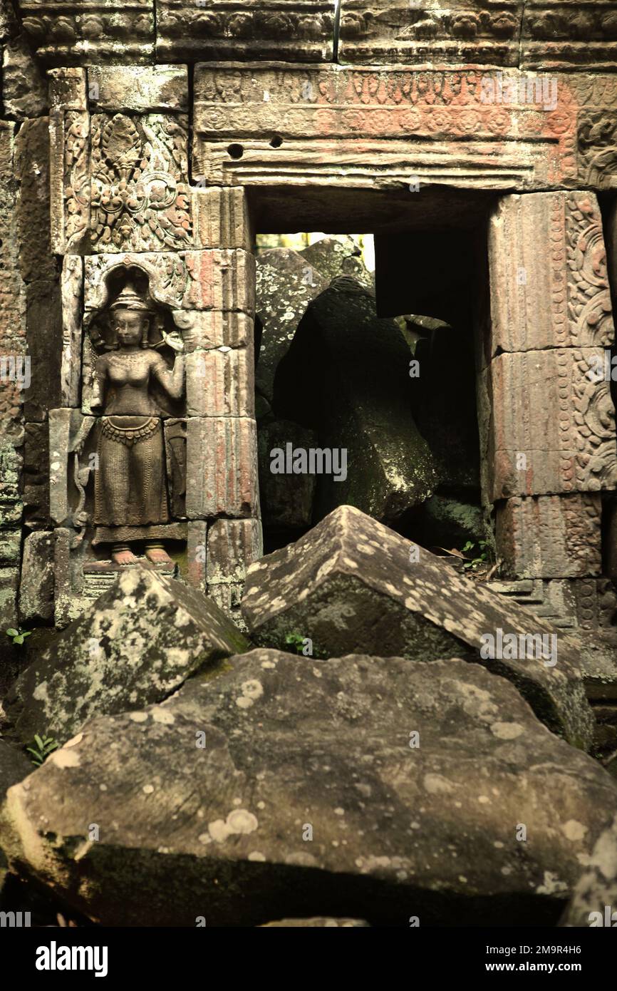 Eine apsara-Figur an der Seite eines Eingangs, in einem Vordergrund aus gefallenen Steinwerkstoffen bei Ta Prohm, einem verlassenen alten Kloster und Tempel in Siem Reap, Kambodscha. Stockfoto