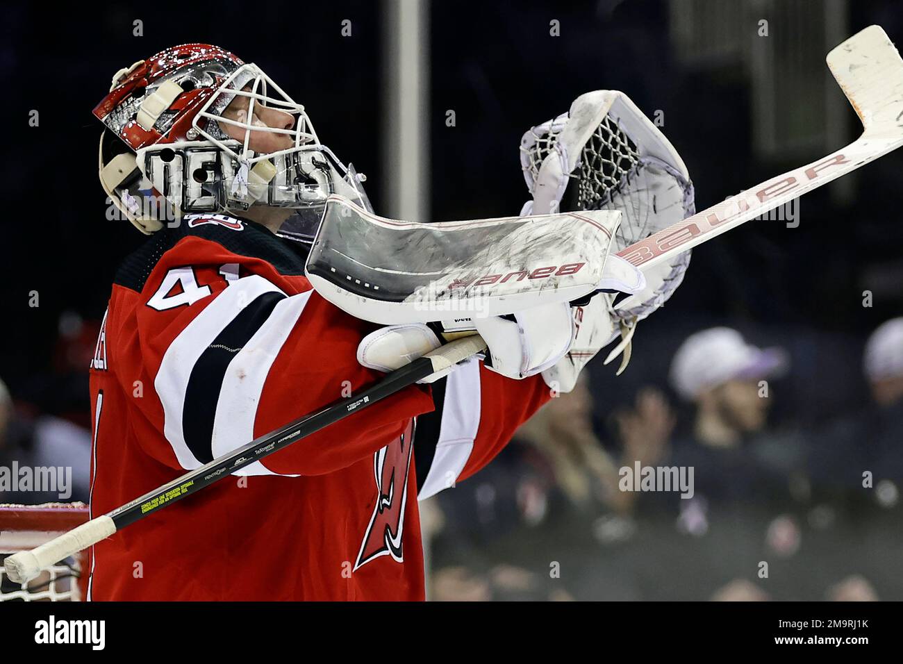 New Jersey Devils goaltender Vitek Vanecek reacts at the end of the third period of an NHL