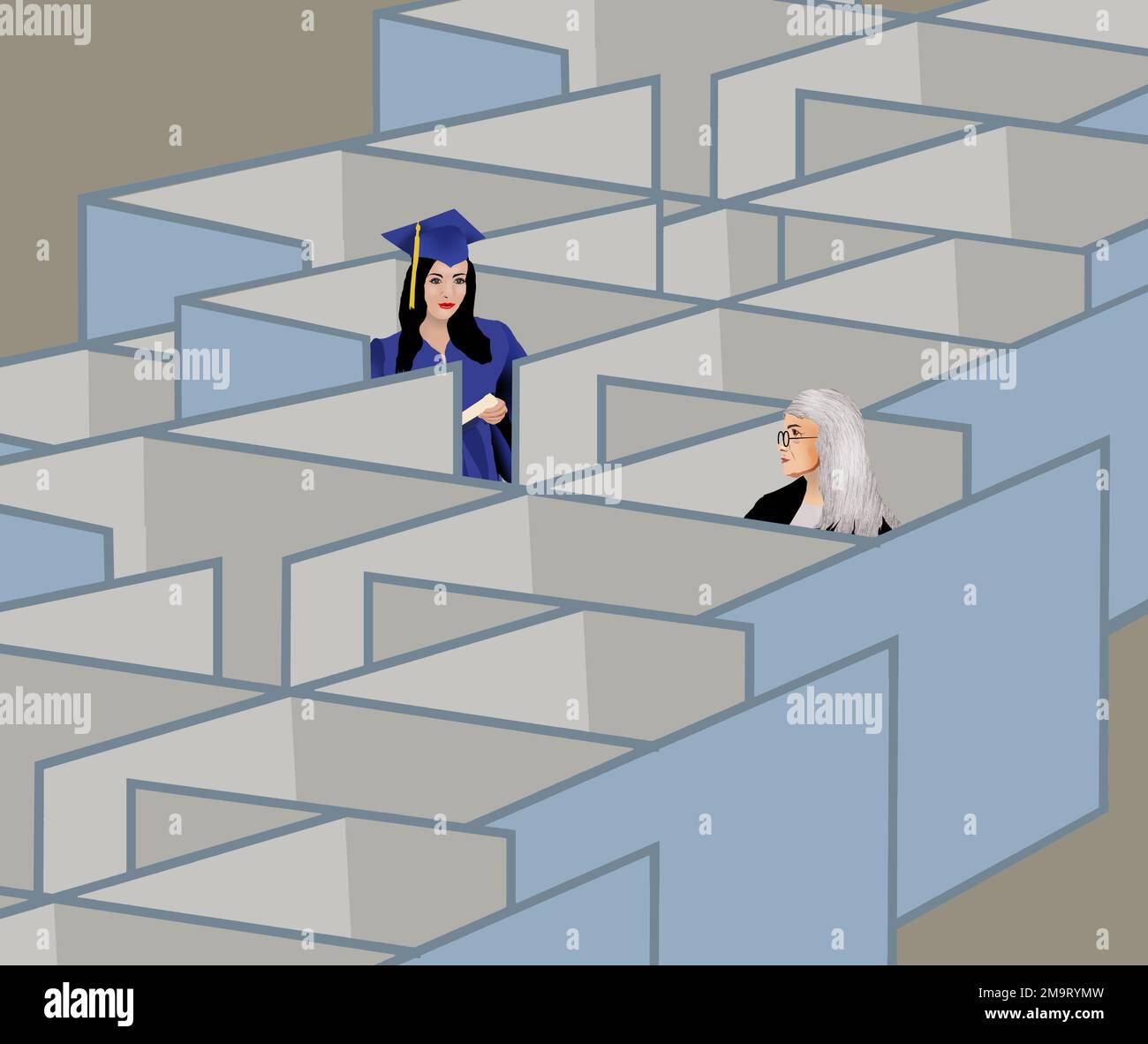 Eine Absolventin betritt die Arbeitswelt von Büroarbeitsplätzen und trifft eine Frau, die in diesem Büro alt geworden ist. Dies ist eine 3-D-Abbildung. Stockfoto