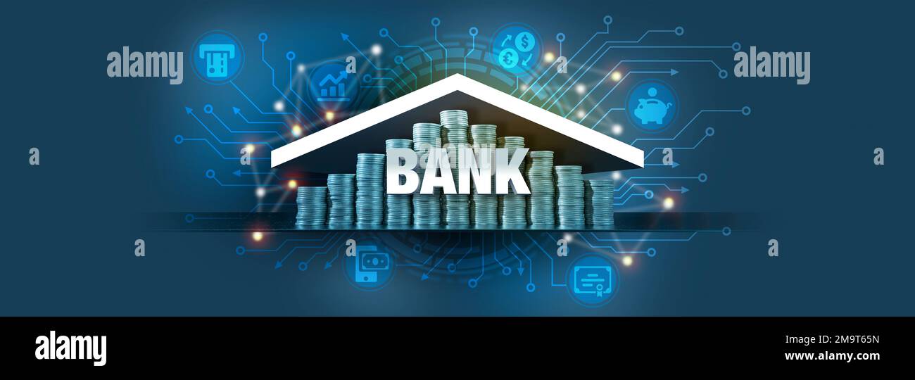 Münzsäulen bilden die Silhouette eines Bankgebäudes mit dem weißen Wort BANK in 3 Dimensionen. Das Konzept der Bankdienstleistungen wird durch die Symbole o dargestellt Stockfoto