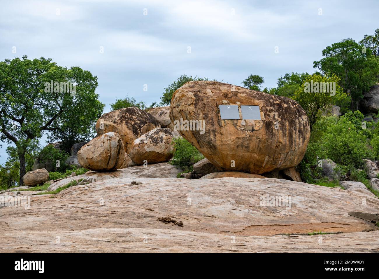 Riesige Felsbrocken aus archäischem Granitgneis. Kruger-Nationalpark, Südafrika. Stockfoto