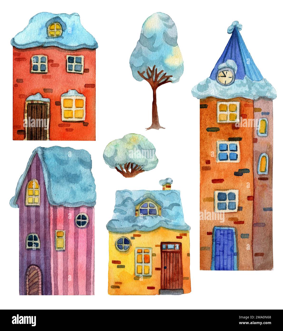 Süßes mittelalterliches Winterhaus, Bäume, Schneemann. Aquarelle Darstellung im Cartoon-Stil von alten europäischen Häusern im Schnee. Design für Hintergründe, Poster, Stockfoto