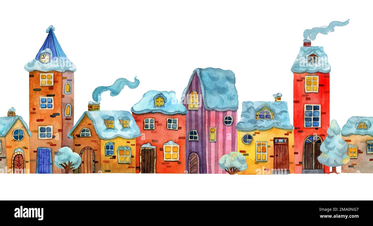 Nahtlose Grenze von handgezeichneten alten mittelalterlichen Häusern in Aquarellfarben. Blick auf die europäische Altstadt im Winter. Design für Touristenwaren, Hintergründe, Cartoon Stockfoto
