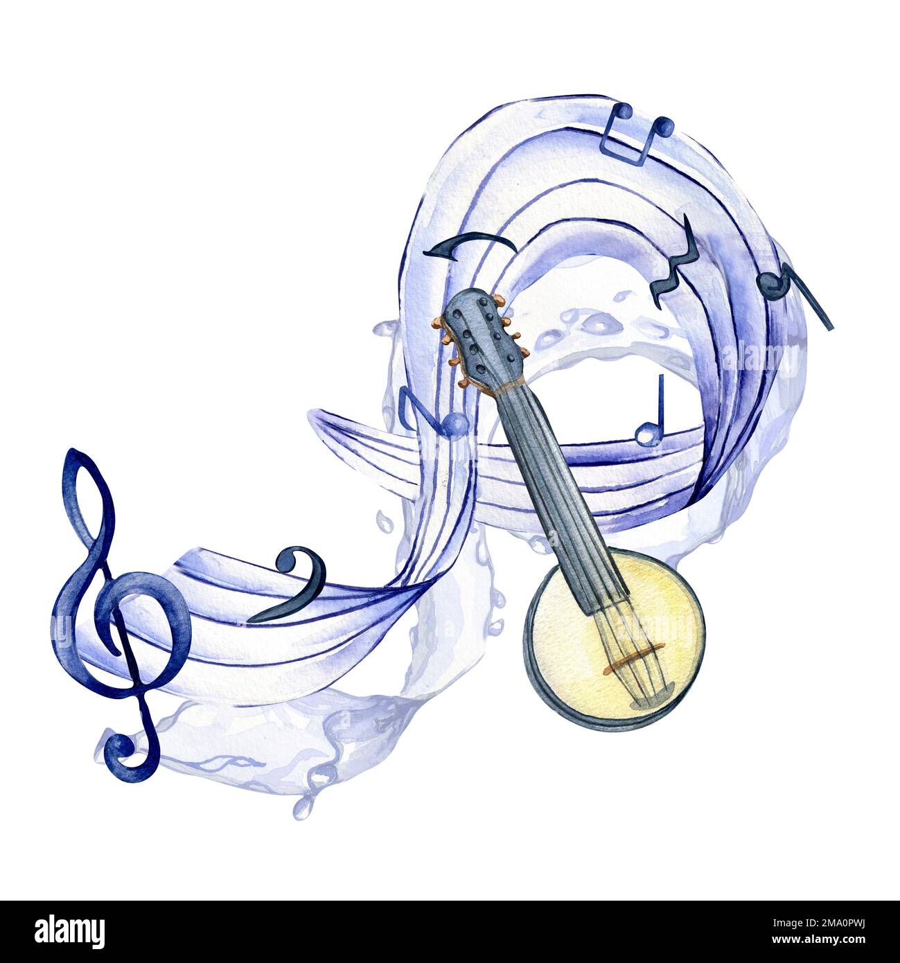Höhenknoten, musikalische Noten und Banjo-Aquarell-Illustration auf Weiß. Streichinstrumente, handgezeichnet mit Mandolinen. Design für Party-Flyer, Concer Stockfoto