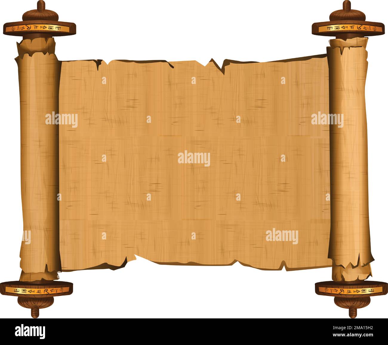 Alte ägyptische Papyrus-Schriftrolle mit Holzstangen-Cartoon-Vektordarstellung. Ägyptisches Kultursymbol, leeres, entfaltetes uraltes Papier zur Speicherung von Informationen mit Holzstäbchen, isoliert auf weißem Hintergrund Stock Vektor