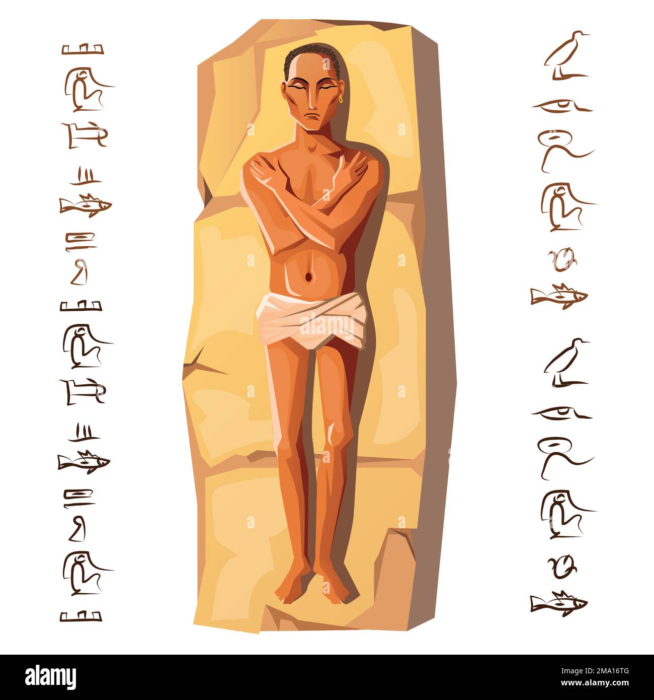 Ägyptische Leiche, Mumifizierungsprozess, erste Phase, Vektorgrafik. Menschliche Leiche mit Händen, Brust liegt auf Stein, isoliert auf weißem Hintergrund. Kult der Toten aus dem alten Ägypten Stock Vektor