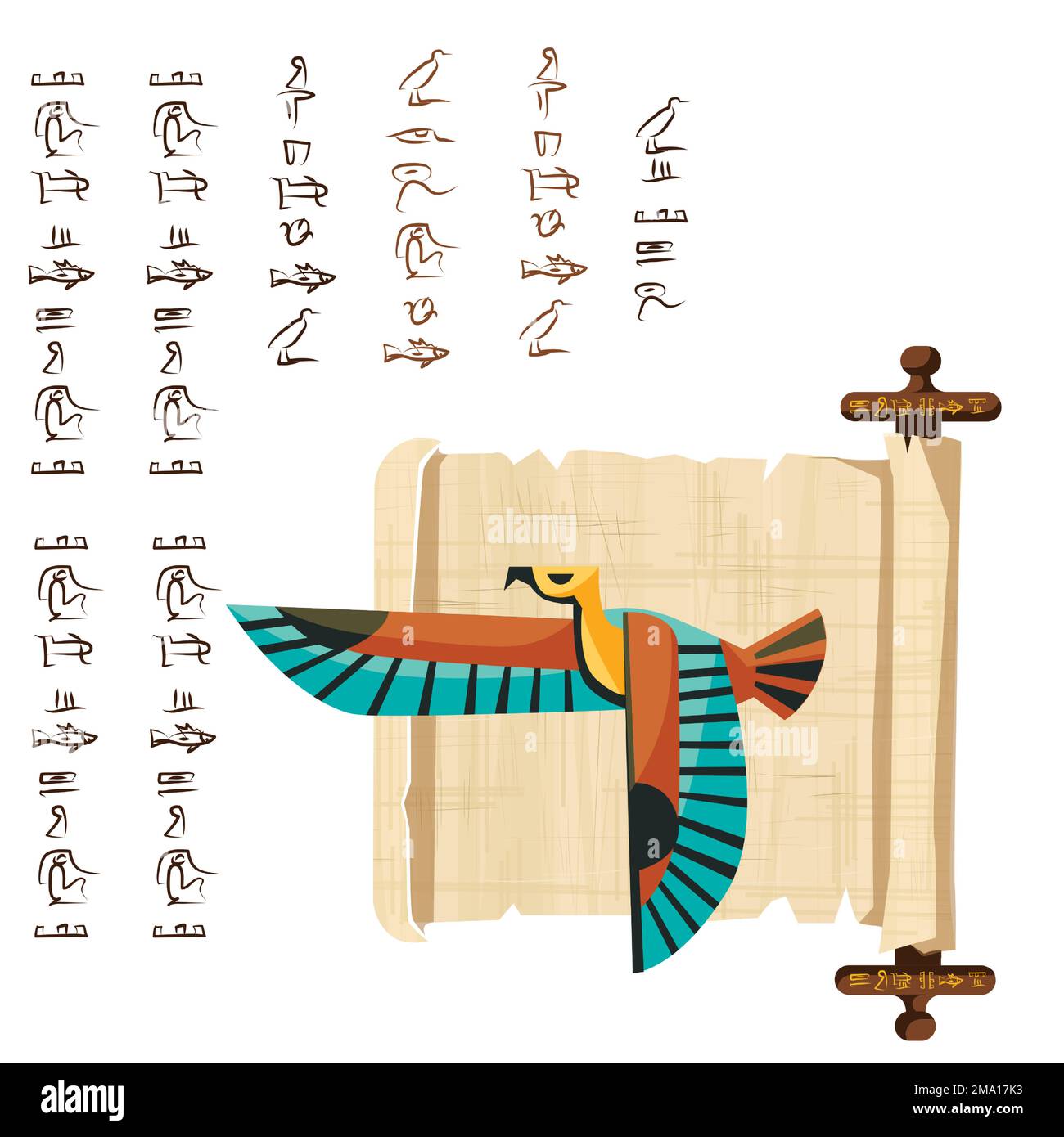 Alte ägyptische Papyrus-Schriftrolle mit Holzstangen-Cartoon-Vektordarstellung. Ägyptisches Kultursymbol, leeres, entfaltetes antikes Papier mit Holzstäbchen, fliegender Falke und Hieroglyphen, isoliert auf Weiß Stock Vektor