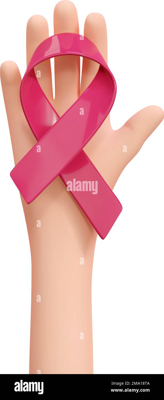 3D Hand mit rotem Band. World Cancer Day Concept, Februar 4. Sensibilisierung, Prävention, Erkennung, Behandlung. Symboldesign für Poster und Banner Stock Vektor