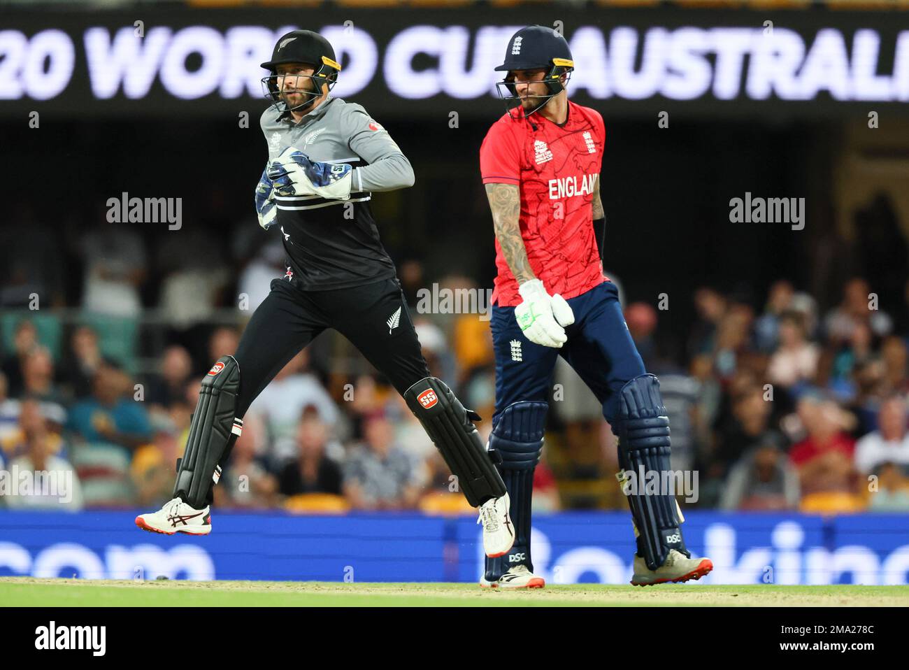 England's Alex Hales, right, walks from the field after he was dismissed as New Zealand's Devon Conway jumps the pitch during the T20 World Cup cricket match between England and New Zealand in Brisbane, Australia, Tuesday, Nov. 1, 2022. (AP Photo/Tertius Pickard) Stockfoto