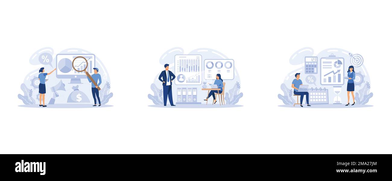 Webbanner für Marktforschungsinhalte oder Landing-Page-Set. Unternehmensforschung für die Entwicklung neuer Produkte. Marktdatenanalyse und Produktwerbung Stock Vektor