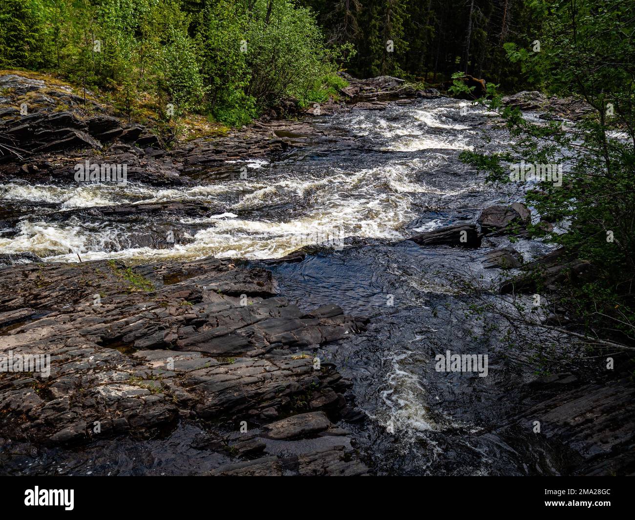 Ein Blick auf einen Fluss, der viel Wasser aus den schwedischen Bergen transportiert. Die skandinavischen Länder verfügen alle über einzigartige Landschaften, die nur dort zu finden sind. Daher ist es nicht überraschend, dass die skandinavischen Länder das ganze Jahr über unzählige Touristen empfangen. Schweden verfügt auch über mehr als tausend Meilen Küste. Jeder in Schweden kann die Wälder, die Berge, die Seen und das Meer genießen, dank des so genannten jedermanns Rechts. Weit oben im Norden sind die Sommer besonders besonders, da die Sonne ein paar Wochen lang gar nicht untergeht, immer noch um Mitternacht scheint und die umliegenden Landschaften umwandelt Stockfoto