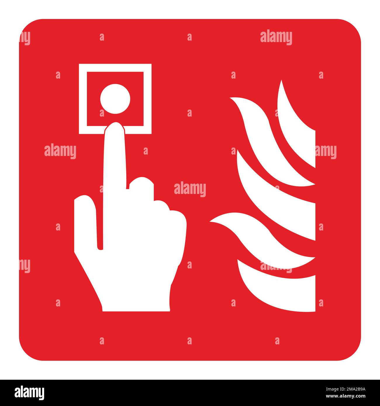 Schild für Feuermelder isoliert auf rotem Hintergrund, illustriert. Stockfoto