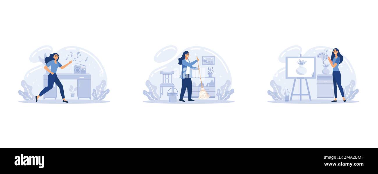„Stay Home“-Konzept, gemütliches, modernes skandinavisches Interieur. Selbstisolation, Quarantäne wegen Coronavirus, Flachvektor moderne Illustration Stock Vektor