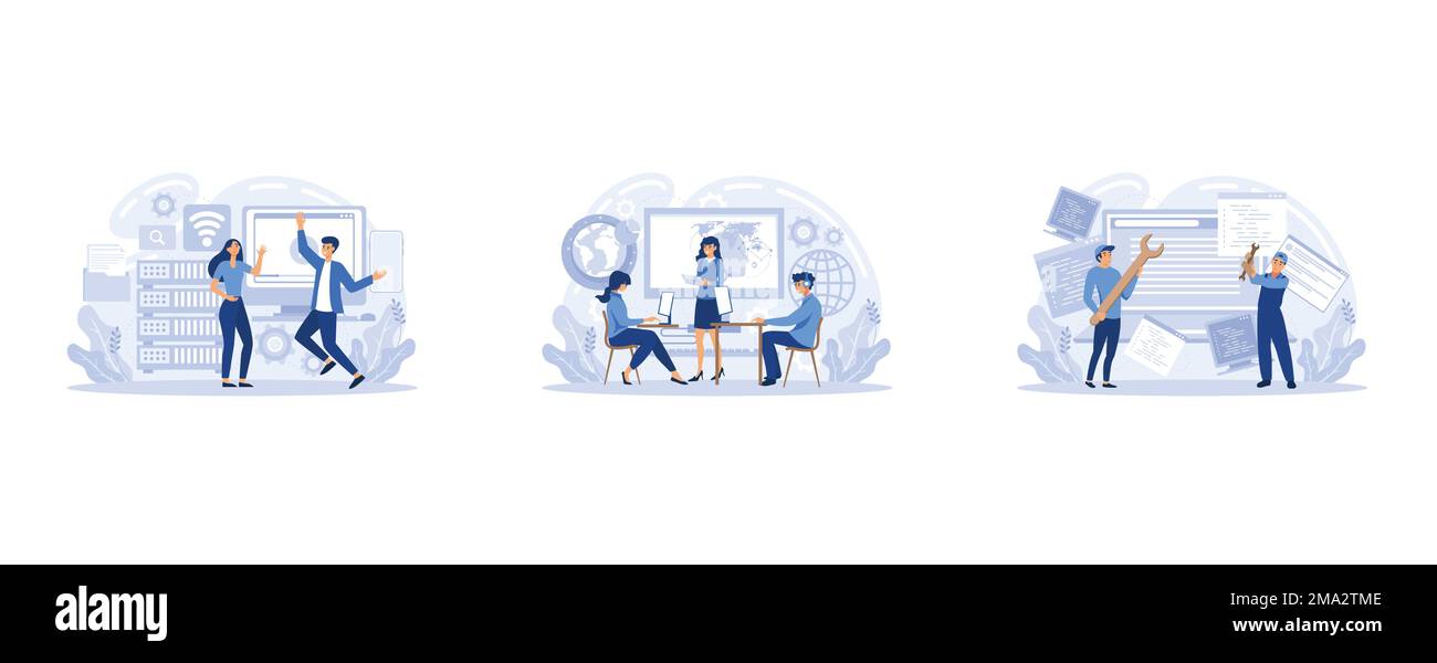 Systemadministratoren, Computerlabor und Fehlersuche, Wartung digitaler Technologien. Systemadministratoren, die Server-Racks warten, besprechen Probleme mit dem Systemverwalter Stock Vektor