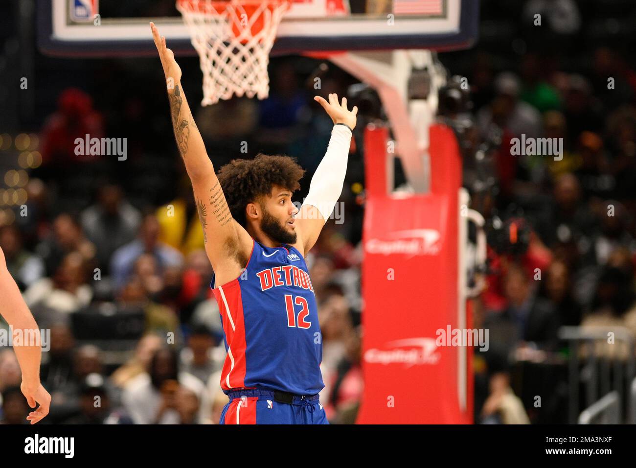 Detroit Pistons forward Isaiah Livers (12) in action during the second half of an NBA basketball game against the Washington Wizards, Tuesday, Oct. 25, 2022, in Washington. The Wizards won 120-99. (AP Photo/Nick Wass) Stockfoto