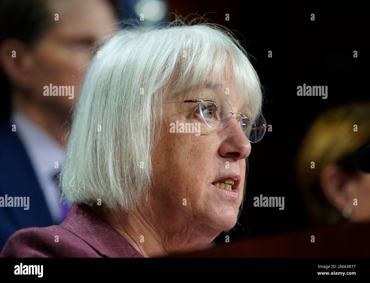 FILE - U.S. Sen. Patty Murray, D-Wash., speaks during a news conference, Thursday, Sept. 15, 2022, on Capitol Hill in Washington. Murray is seeking reelection in the Nov. 8, 2022 election. (AP Photo/Mariam Zuhaib, File) Stockfoto