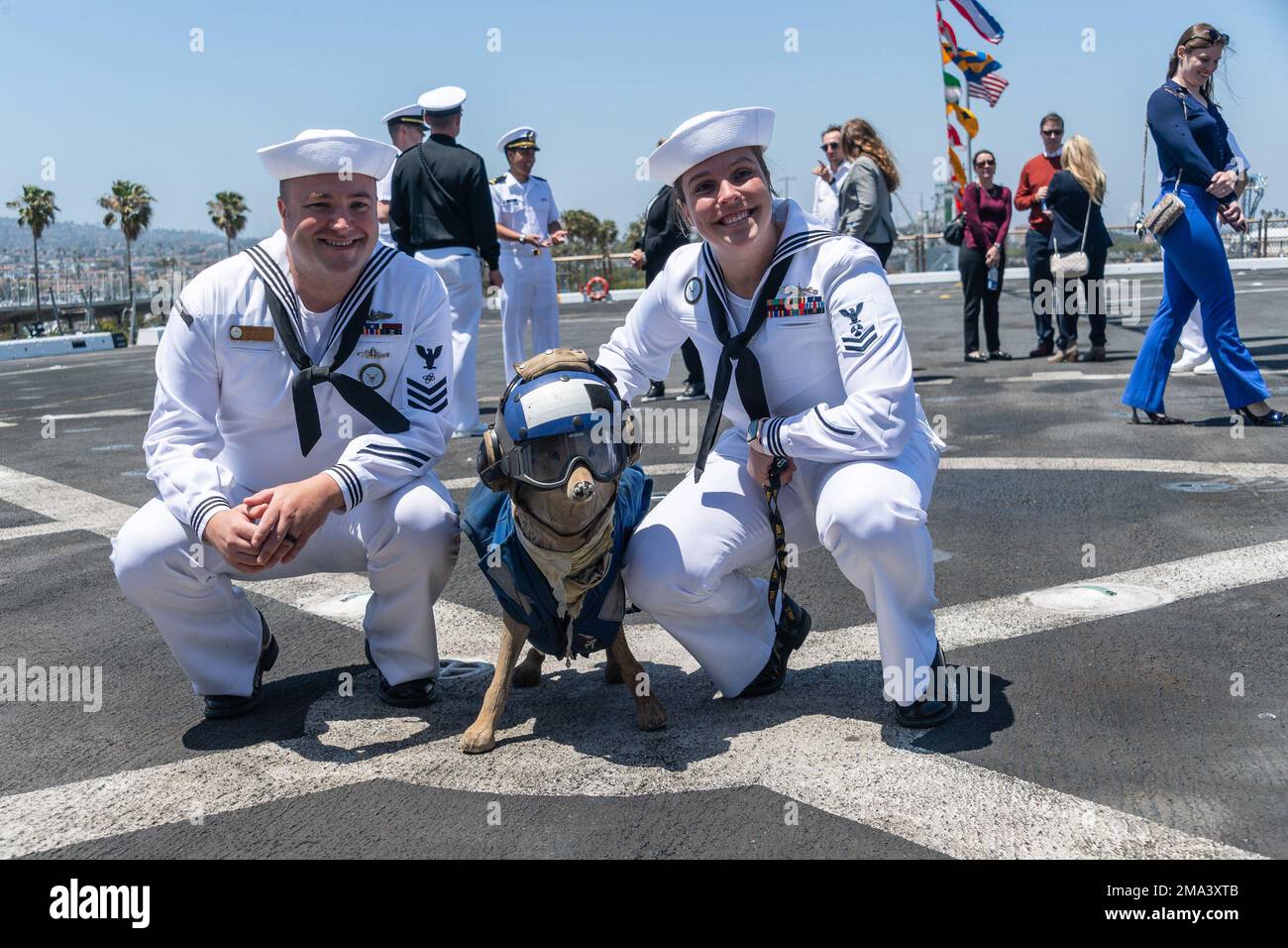 220524-N-VQ947-2079 LOS ANGELES (24. Mai 2022) — Matrosen, die der Navy Talent Acquisition Group Los Angeles zugeteilt wurden, fotografieren mit „Wiley“, dem Vogelscheuchen-Kojoten, auf dem Flugdeck an Bord des Amphibienschiffs USS Portland der San Antonio-Klasse (LPD 27) während der Los Angeles Fleet Week, 24. Mai 2022. Die LAFW bietet der amerikanischen Öffentlichkeit Gelegenheit, mit ihren Teams der Marine, des Marine Corps und der Küstenwache zusammenzutreffen und die amerikanischen Seeverkehrsdienste zu erleben. Während der Flottenwoche nehmen Mitglieder des Dienstes an verschiedenen gemeinnützigen Veranstaltungen Teil, präsentieren der Gemeinde Fähigkeiten und Ausrüstung und genießen die h Stockfoto