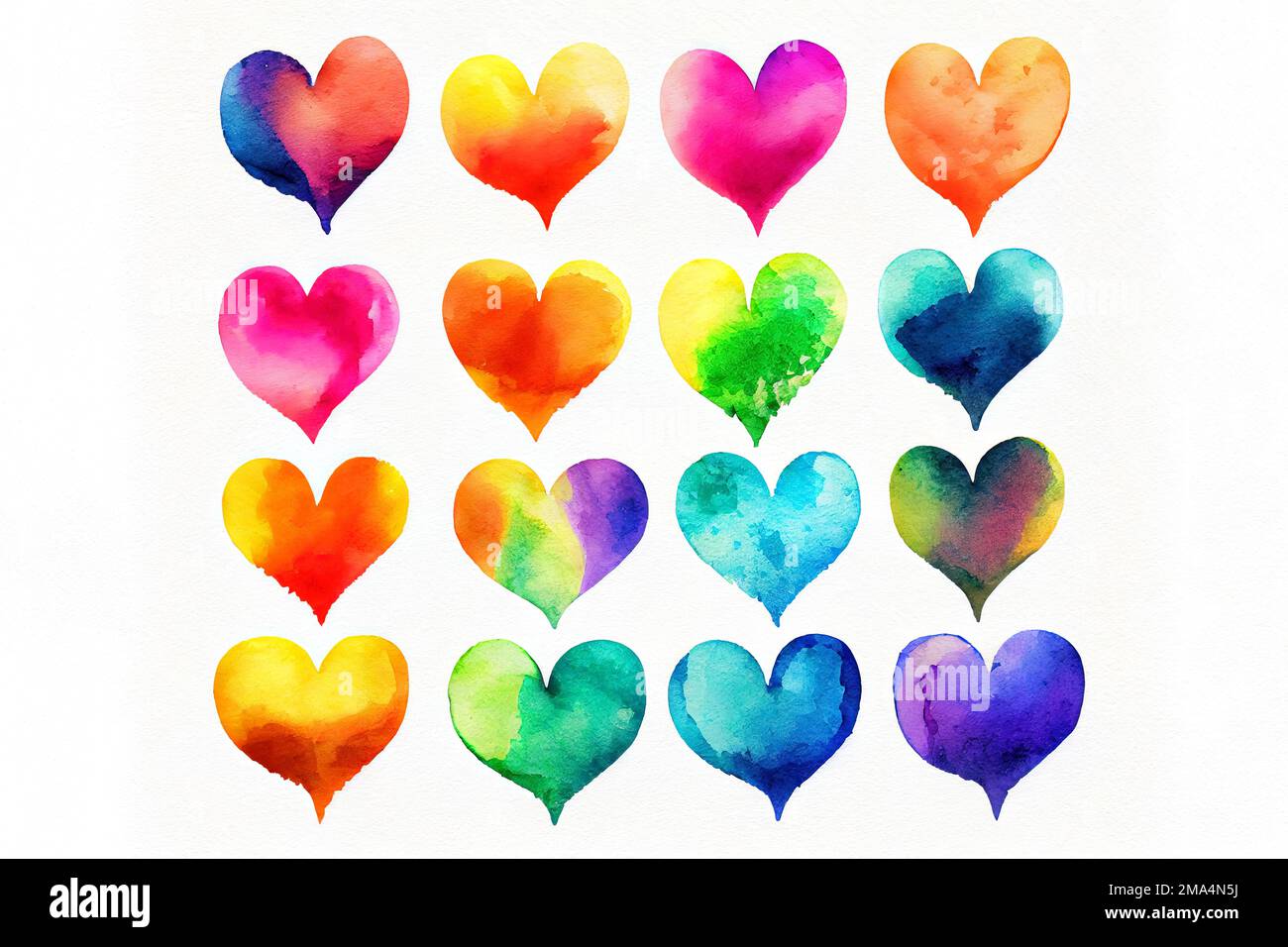 Kollektion von Aquarell-Liebesherzen in Regenbogenfarben Stockfoto