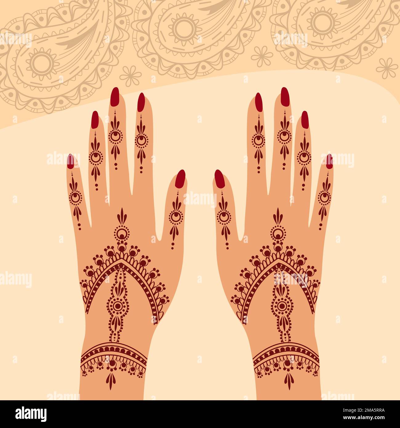 Henna Mehndi Vector Hand Illustration Design mit Blumenmotiv, Henna Hands Vector, Henna Hands Template Banner Hintergrund, Henna Banner Logo Hintergrund Stockfoto