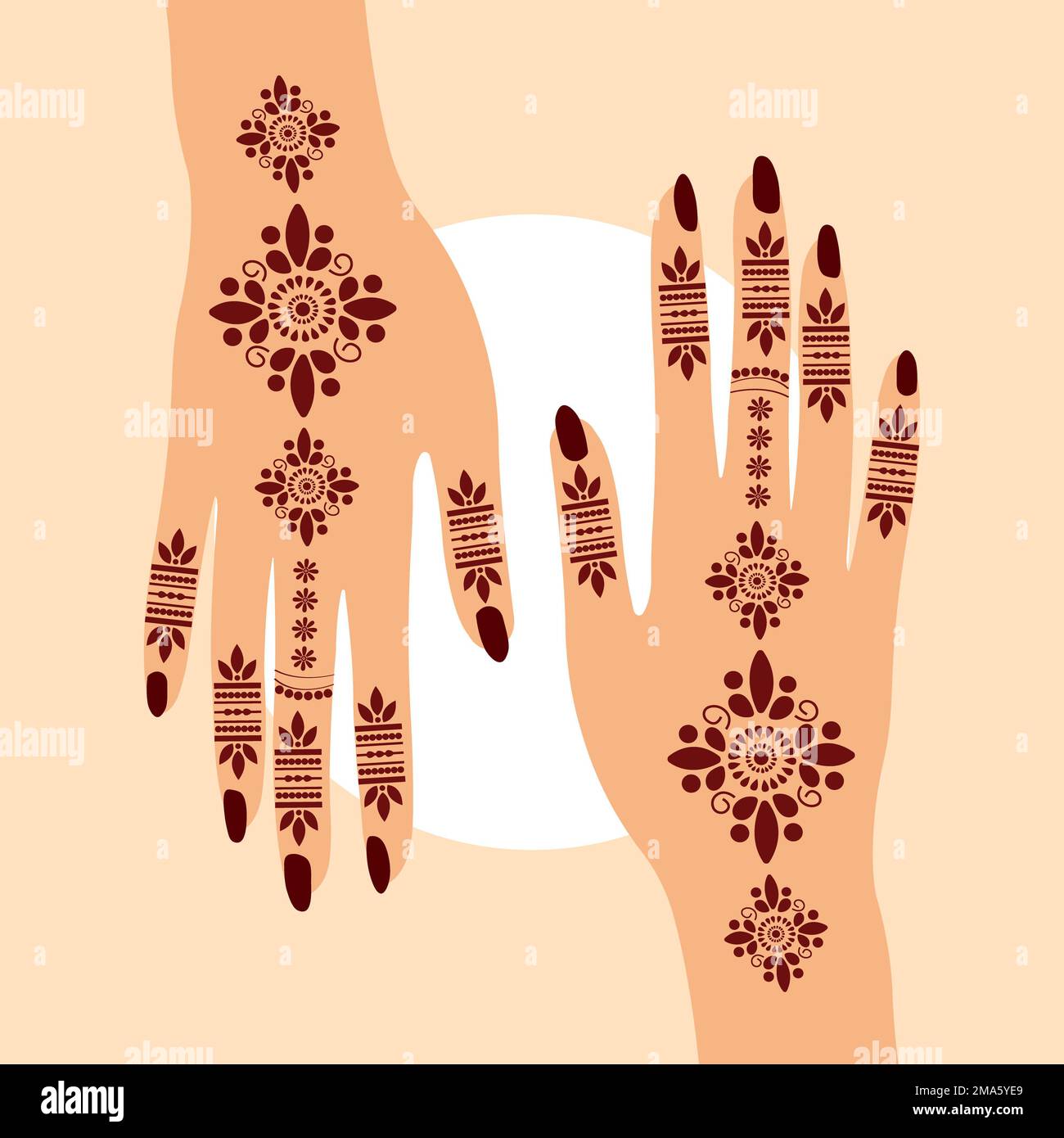 Henna Mehndi Vector Hand Illustration Design mit Blumenmotiv, Henna Hands Vector, Henna Hands Template Banner Hintergrund, Henna Banner Logo Hintergrund Stockfoto