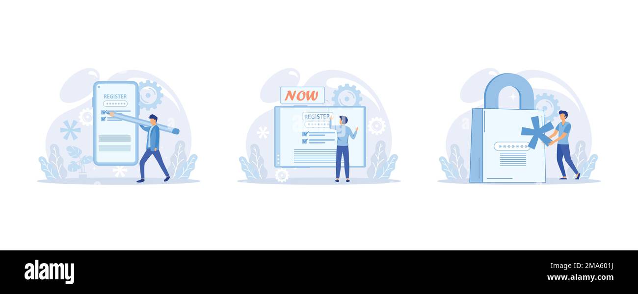 Personen, die sichere Anmeldenamen und Kennwörter verwenden, Autorisierung von Kontodaten. Zeichen verwenden die Sicherheit persönlicher Daten. Online-Registrierung für Mobiltechnologie, Stock Vektor