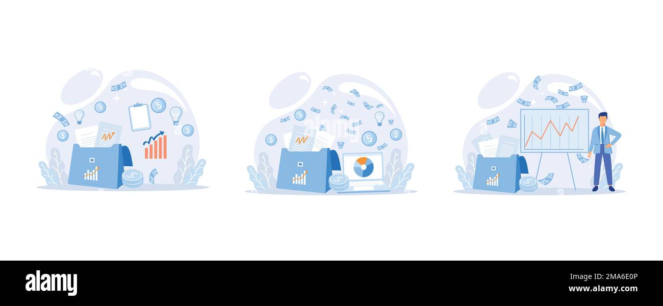 Einkünfte aus dem Investitionsportfolio in Dollar Währung, Handel mit Käuferverkäufen, Metapher für den Börsenwert, Geschäftsmann-Investor oder Händler, mit dem das Portfolio ausgeglichen wird Stock Vektor